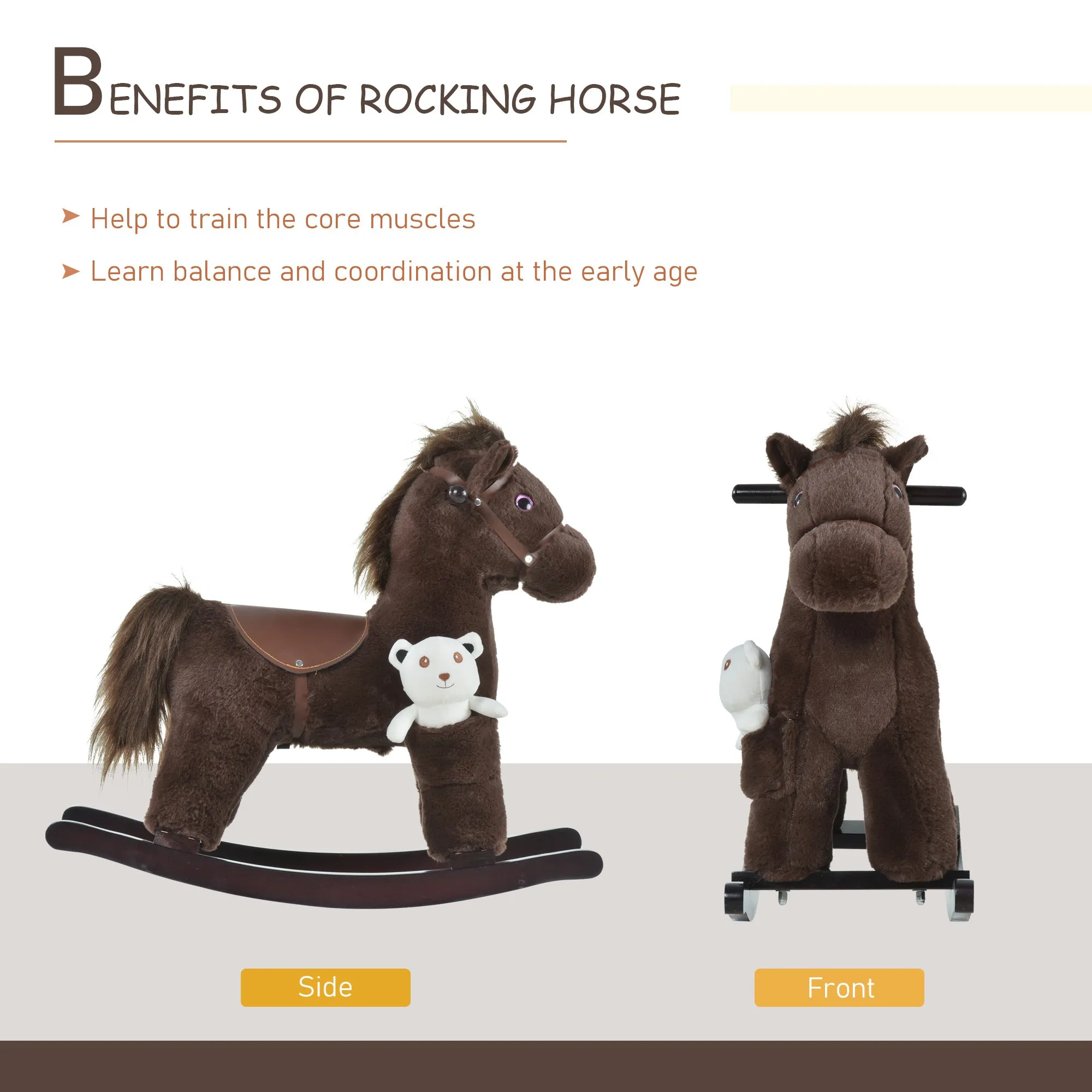Children's Plush Rocking Horse - Cozy Bear Ride-On Toy with Realistic Sounds, Soft Seat for Kids, Brown