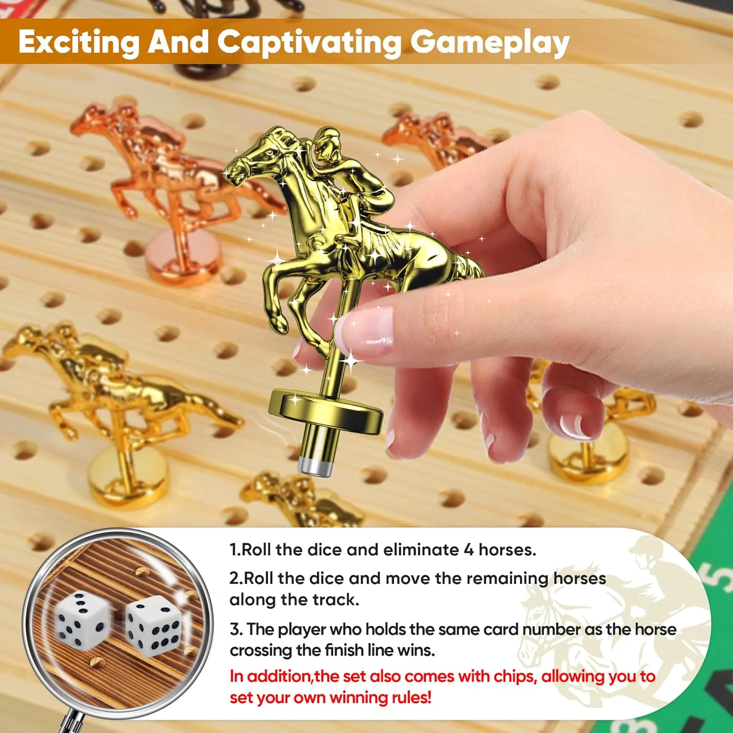 Chips$ 2 Dice$ 2 Boxes of Cards Horse Racing Game with Cards and Dice$ Horse Race Board Game for metalwork cone germanium nevus Denmark Adult$ Thickened Solid Wood with 11 Luxurious Durable Classic Metal Horses$ 143 