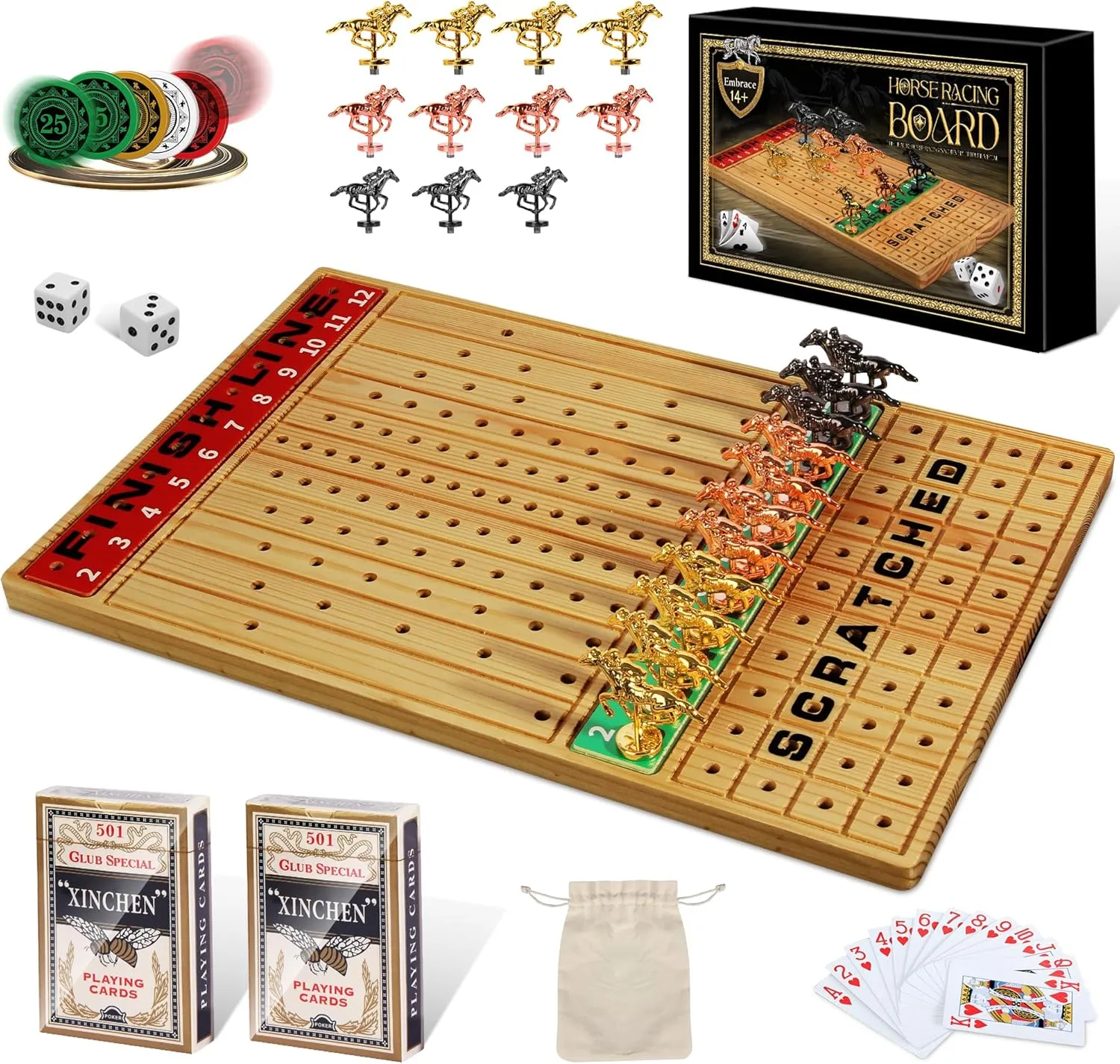 Chips$ 2 Dice$ 2 Boxes of Cards Horse Racing Game with Cards and Dice$ Horse Race Board Game for metalwork cone germanium nevus Denmark Adult$ Thickened Solid Wood with 11 Luxurious Durable Classic Metal Horses$ 143 