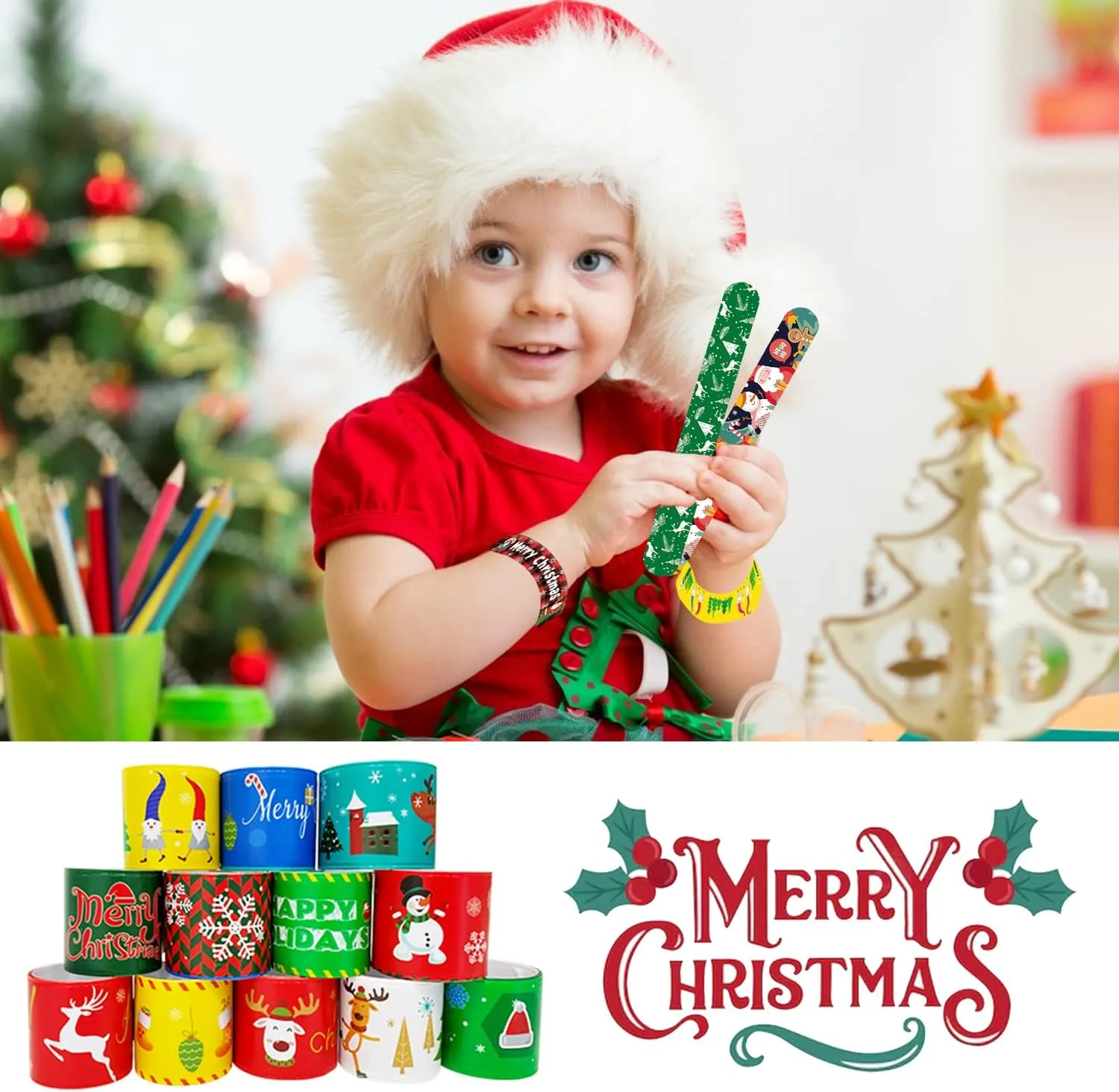 Christmas Toys For kid and children$ Party Gift Bag Filler Supply 100Pcs Christmas Slap Bracelets$ Christmas Party Favors for Kids$ Christmas Stocking prairie loose sovereign Stuffers$ 