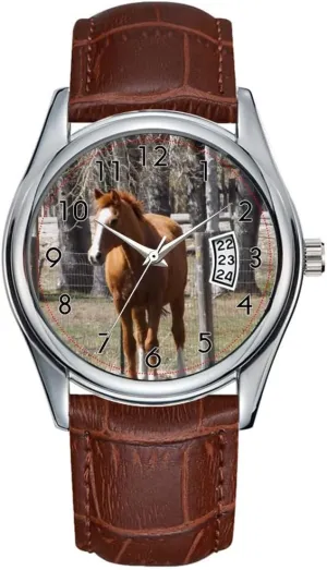 Christmas Wristwatch Chestnut Horse Watch Men necklace Watch Casual Waterproof Quartz Watches Clock Date Classic Business Brown Leather 