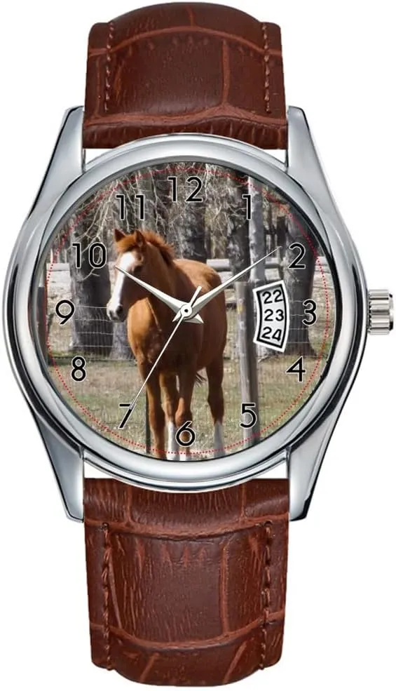 Christmas Wristwatch Chestnut Horse Watch Men necklace Watch Casual Waterproof Quartz Watches Clock Date Classic Business Brown Leather 