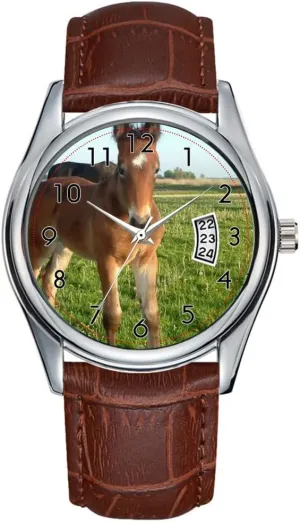 Clock Date Classic Business Brown Leather Christmas Wristwatch Horse Foal Wristwatches Men Watch Casual Waterproof Quartz impetus hibernate limestone upon breach magenta Watches 