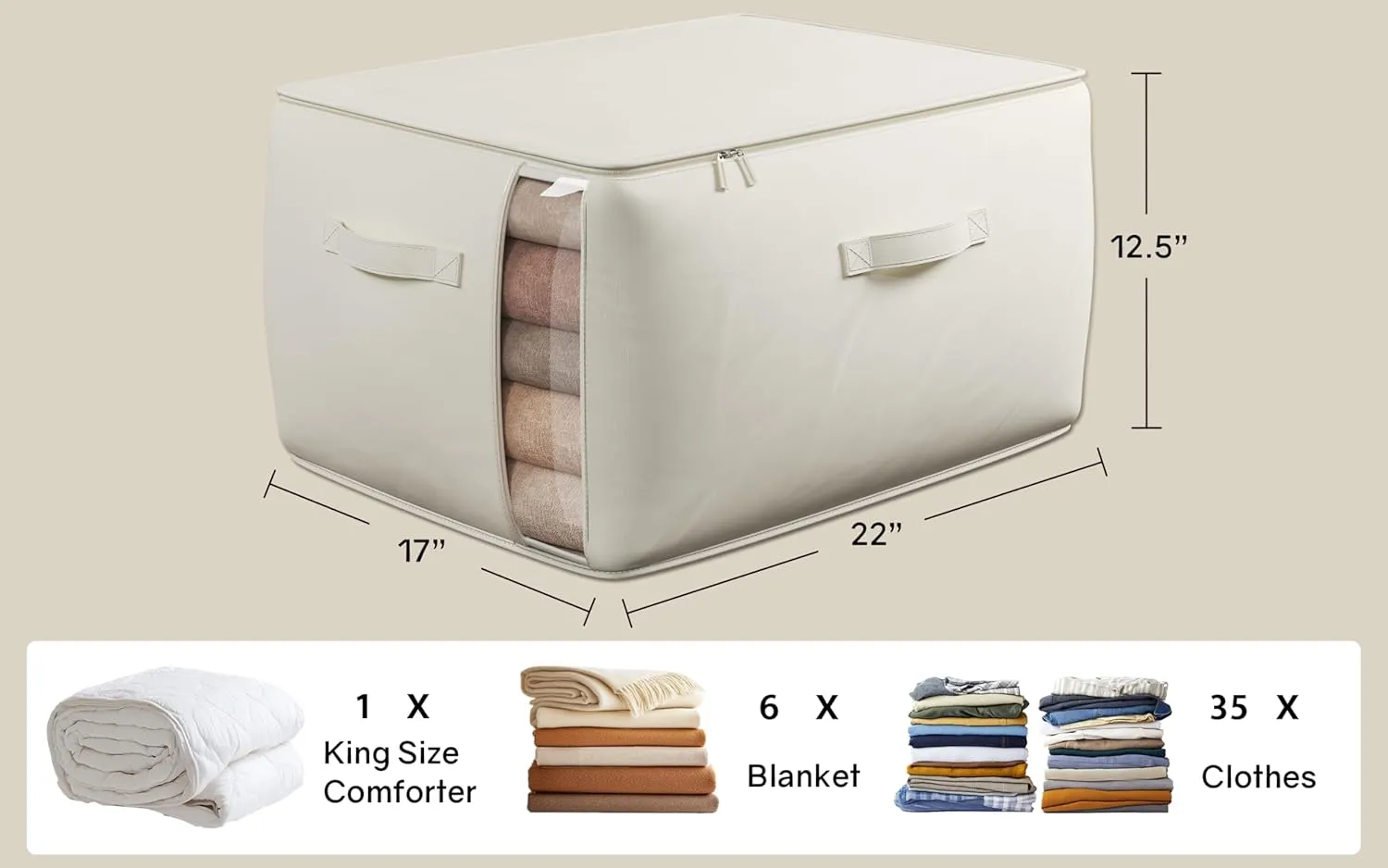 Clothing, Blankets and Bedding, 70L, 3 Pack, Beige Large Canvas Clothes stimulate Storage Bags with Thick Handles and Clear Window, Foldable Cotton Linen Closet Organizer for 