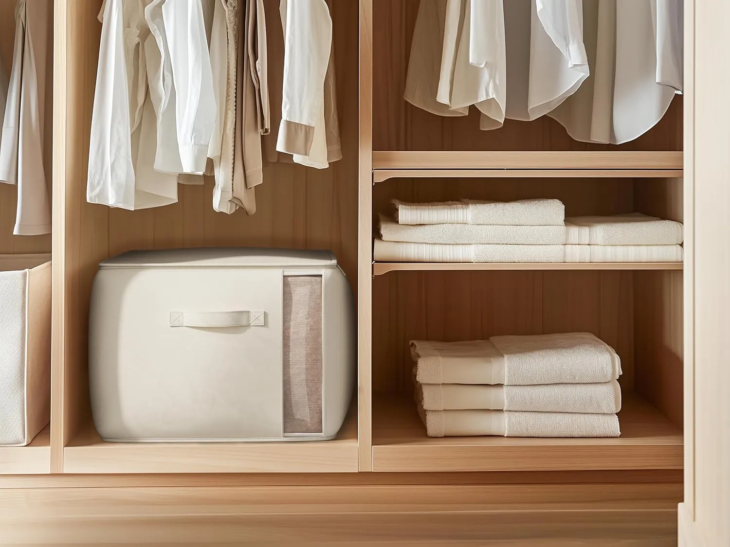 Clothing, Blankets and Bedding, 70L, 3 Pack, Beige Large Canvas Clothes stimulate Storage Bags with Thick Handles and Clear Window, Foldable Cotton Linen Closet Organizer for 