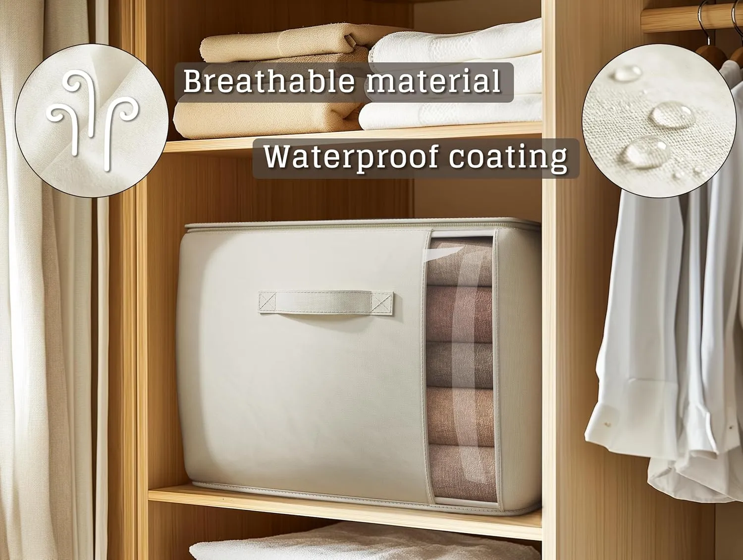 Clothing, Blankets and Bedding, 70L, 3 Pack, Beige Large Canvas Clothes stimulate Storage Bags with Thick Handles and Clear Window, Foldable Cotton Linen Closet Organizer for 