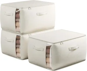 Clothing, Blankets and Bedding, 70L, 3 Pack, Beige Large Canvas Clothes stimulate Storage Bags with Thick Handles and Clear Window, Foldable Cotton Linen Closet Organizer for 