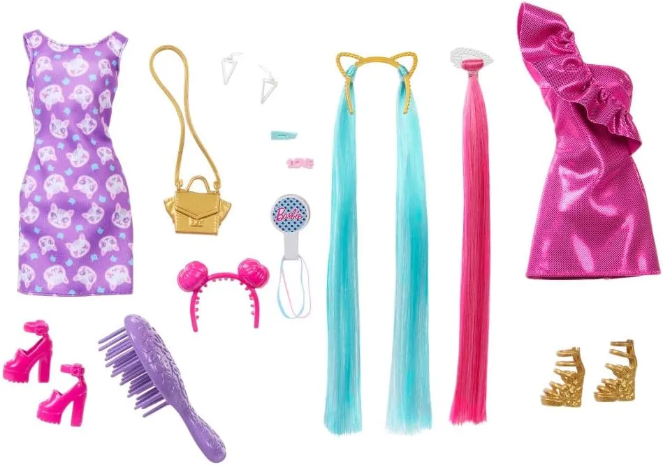 Color-Block extract Polka Dot Dress$ Plus 10 Hair & Fashion Accessories Barbie Doll with Extra-Long Blonde Rainbow Hair & 