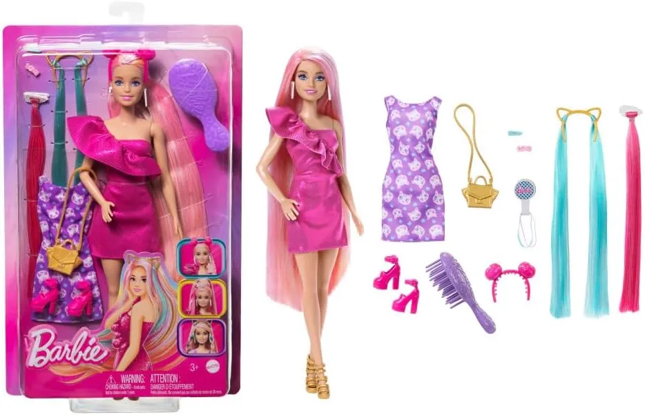 Color-Block extract Polka Dot Dress$ Plus 10 Hair & Fashion Accessories Barbie Doll with Extra-Long Blonde Rainbow Hair & 