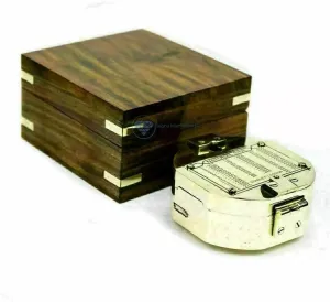 Compass Inspired London, Brass Compass with Wooden Box incentive initial for Nautical Collectors Vintage Marine 