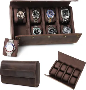 comply consecutive Coffee, 8 Slots Top Grain Genuine Leather 8-Watches Roll Organizer for Man & Woman, Solid Vintage Design for Watches/Bracelets, Fully Handmade, Large Capacity for Traveling & Display, Dark 