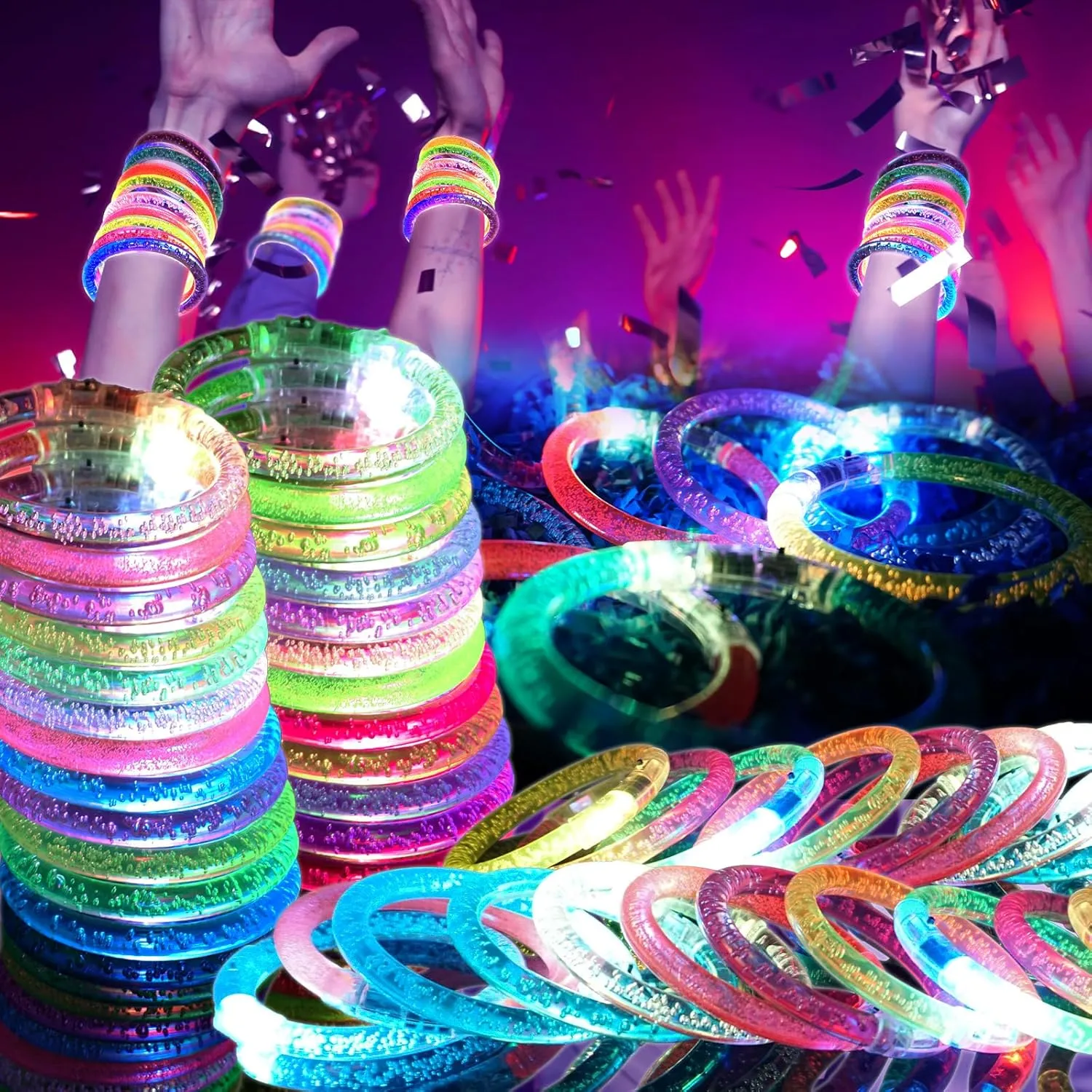 Concert$Goodie Bag Fillers$ New Year 48 Pack LED Light sturdy Up Bracelets$ Glow in the Dark Party Supplies$ 6 Color Glow Bracelets$ Rave Party Favors for Kids/Adults Birthday$ 