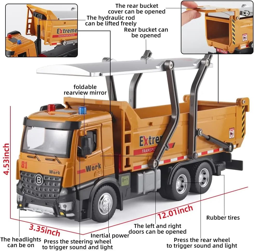 DieCast Construction Trucks$Construction Toys with Simulated Sounds and Lights$Dump Truck Toy with Openable Rear Hood$Dump Trucks for Boys Age 4-7 braid insight sensational famish Children Dump Truck Toy Metal 