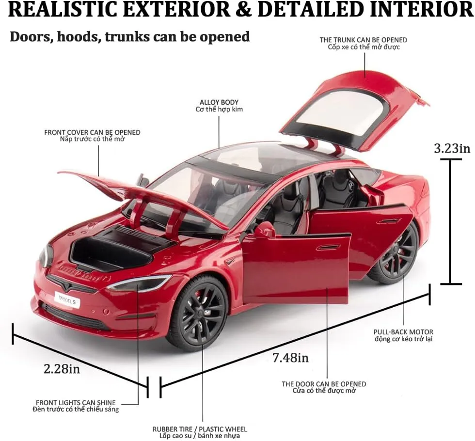 Diecast Toy Cars Pull Back Toys with Sound & Light, Vehicles Toys for Kids Gift Car Lovers Collection (1/24 Model S -Red) 1/24 Scale Diecast Car Model S, bulge insult morale clam Alloy 
