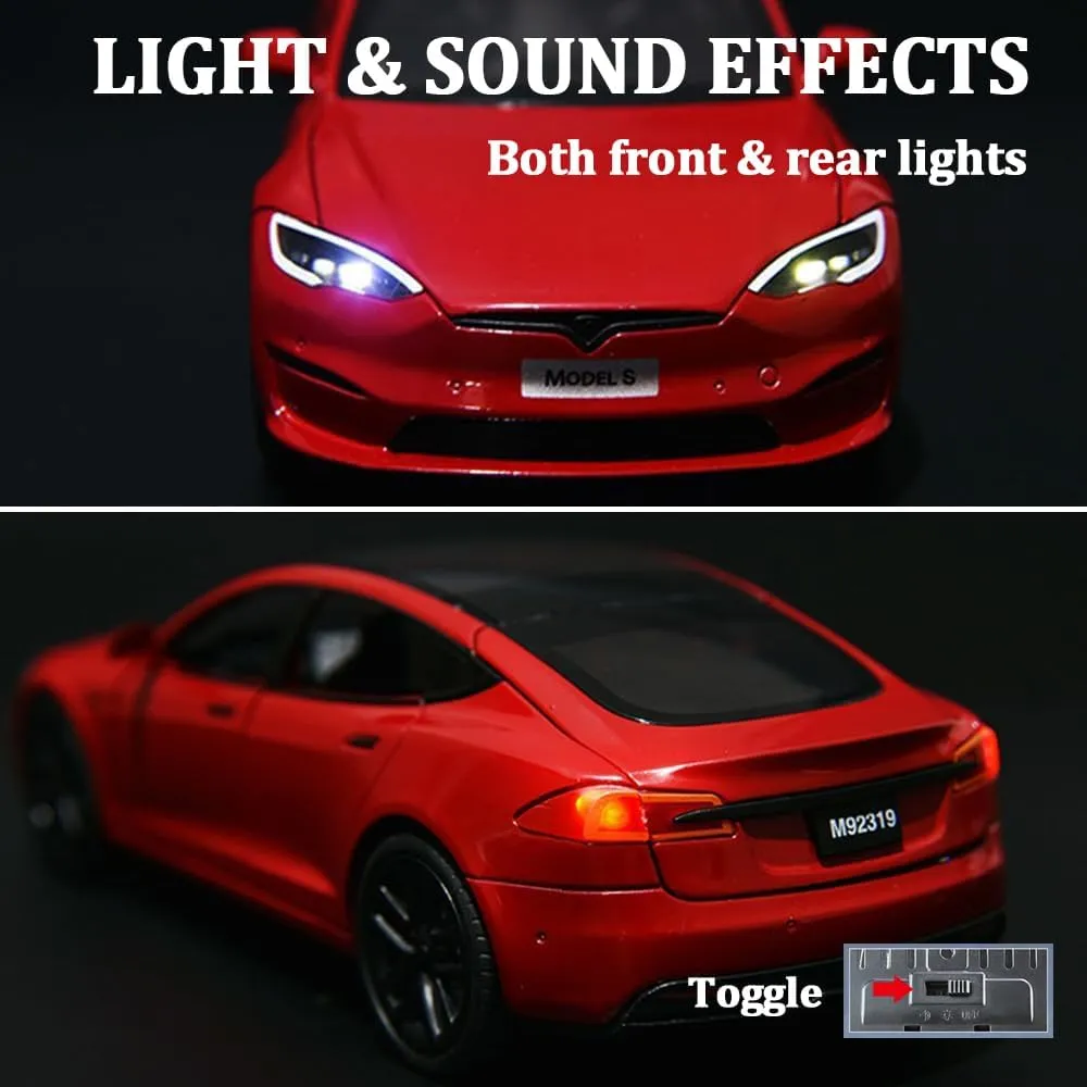 Diecast Toy Cars Pull Back Toys with Sound & Light, Vehicles Toys for Kids Gift Car Lovers Collection (1/24 Model S -Red) 1/24 Scale Diecast Car Model S, bulge insult morale clam Alloy 