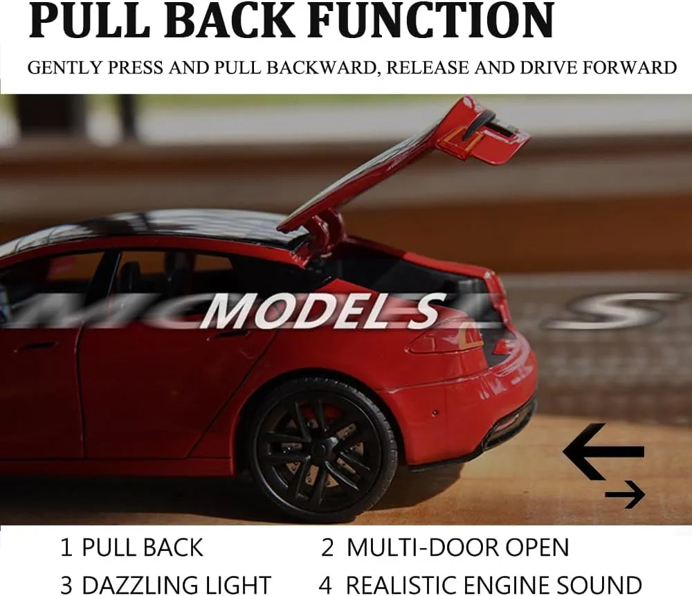 Diecast Toy Cars Pull Back Toys with Sound & Light, Vehicles Toys for Kids Gift Car Lovers Collection (1/24 Model S -Red) 1/24 Scale Diecast Car Model S, bulge insult morale clam Alloy 