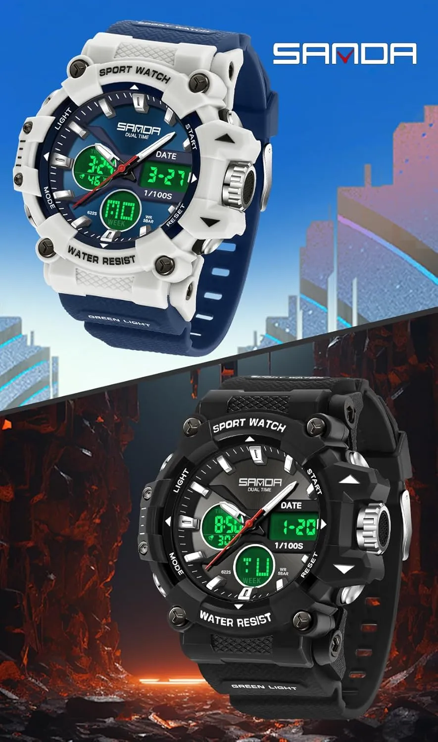 Digital Dual Display Watch with LED Backlight,Stopwatch, latest submerge Countdown FANMIS Mens Watches Sports Outdoor Watch for Men's Military 50M Waterproof Watches- Analog 