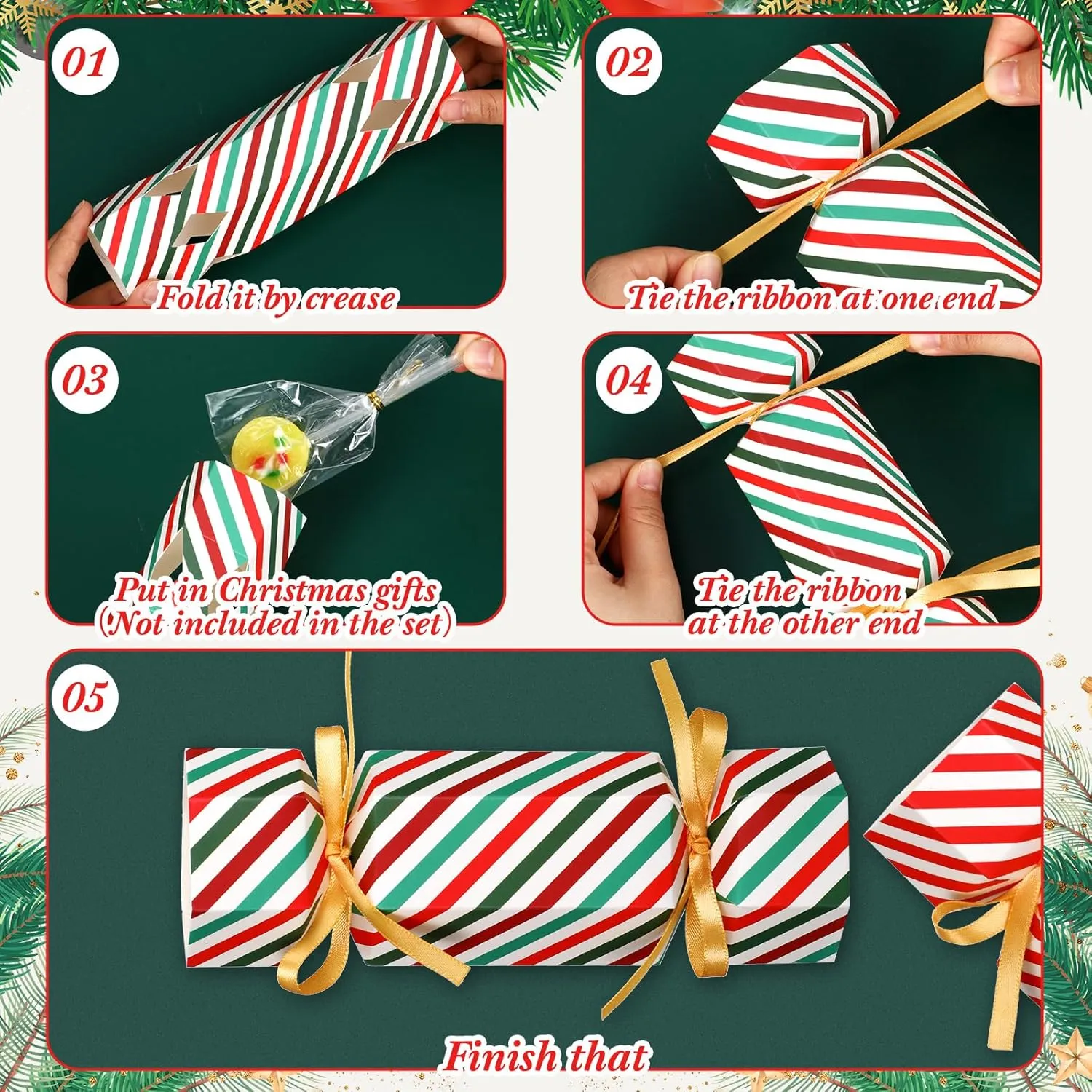 Dinner Decoration Gift (Stripe Style) Xinnun 50 Packs Christmas Cracker Kit No Snap Xmas Party Table Favors Snowflake Reindeer DIY Christmas Party Cracker Candy quantitative Boxes for Holiday 