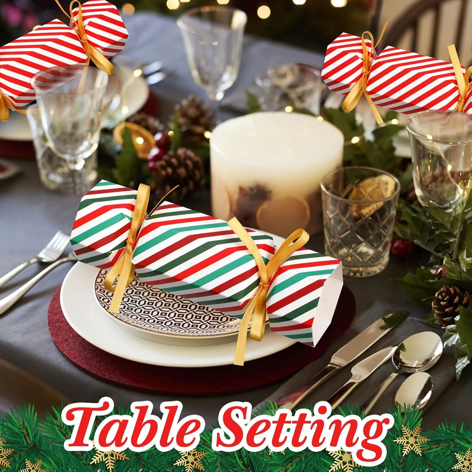 Dinner Decoration Gift (Stripe Style) Xinnun 50 Packs Christmas Cracker Kit No Snap Xmas Party Table Favors Snowflake Reindeer DIY Christmas Party Cracker Candy quantitative Boxes for Holiday 