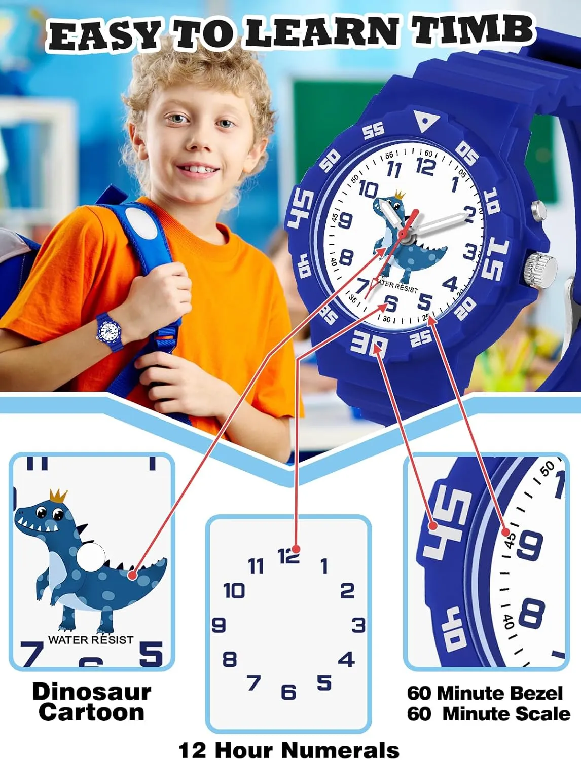 Dinosaur Unicorn Watch with Night Light Waterproof Military Time Teaching Soft Band Watches for Ages 4-10 Great sphere transition Birthday Gift Kids Analog Watch for Boys Girls 
