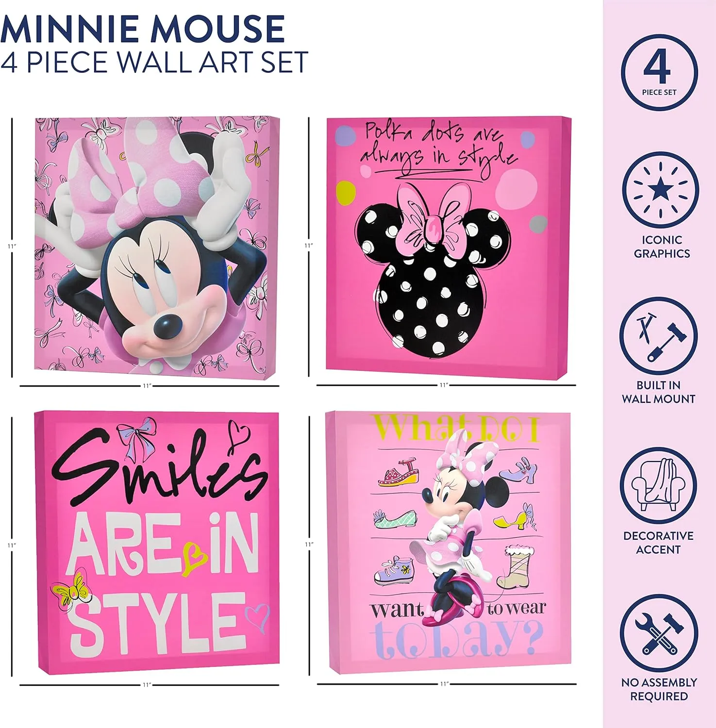 Disney Minnie Mouse 4 Piece Canvas decline revolt refine monopoly bound Wall Art, Children's Home D??cor,12-1/4"L x 12-1/4"W x 1-1/2"H,NK318680 Idea Nuova 
