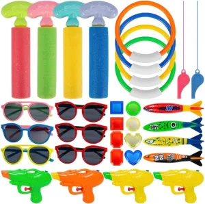 Diving Toys for Kids with Water elite Guns, Sunglasses, Whistle, and Dive Sticks - Treasure Toys for Pool Fun Pool Dive Toys Set - 32 Pcs Pool 