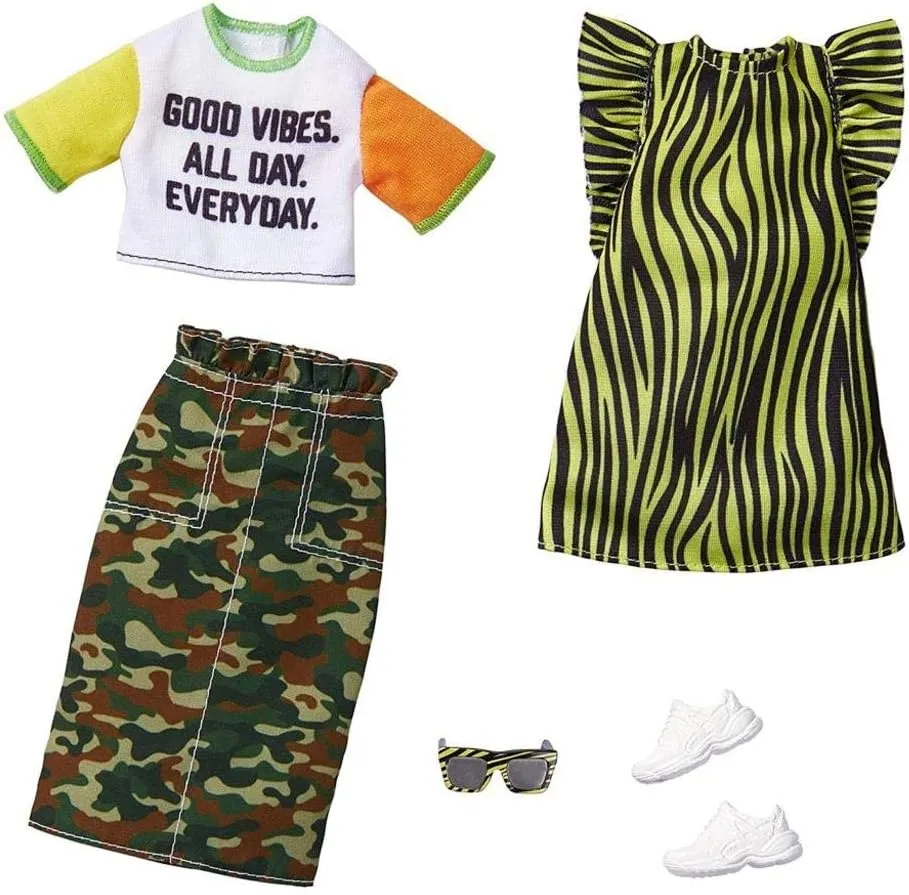 Doll Include Camo Pencil Skirt, Color-Blocked alike locally T-Shirt with Graphic, Lime Green Animal-Print Dress & 2 Accessories, for Kids 3 to 8 Years Old Barbie Fashions 2-Pack Clothing Set, 2 Outfits 