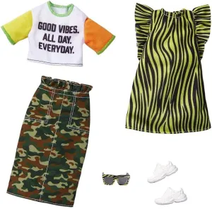 Doll Include Camo Pencil Skirt, Color-Blocked alike locally T-Shirt with Graphic, Lime Green Animal-Print Dress & 2 Accessories, for Kids 3 to 8 Years Old Barbie Fashions 2-Pack Clothing Set, 2 Outfits 