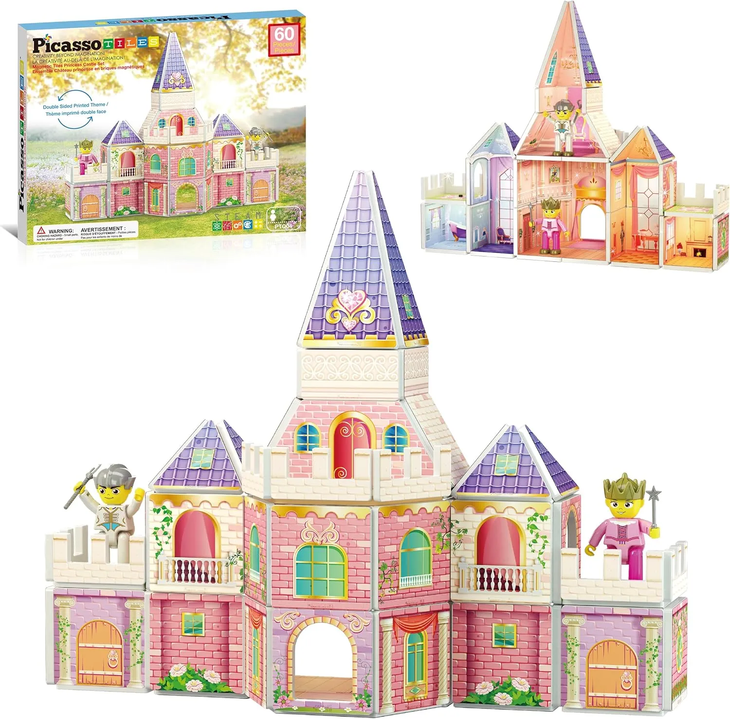 Double home Sided Printing Education STEM Learning Playset Fantasy Adventure Boy Girl Age 3  PTQ04 PicassoTiles Princess Castle Theme Magnet Tile Building Blocks 2 Action Figures Magnetic Construction Toy 