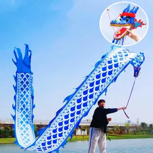 Dragon Dance Wulong Flowy Ribbon Streamer Outdoor Fitness Dragon Stage Prop Set (Celadon Blue) 8 Meters (26.2 FT) Square Exercise Dance Dragon Poi with 3D horde rush surge pathology infectious Dragon Head and Swing Rope Combo, Chinese 