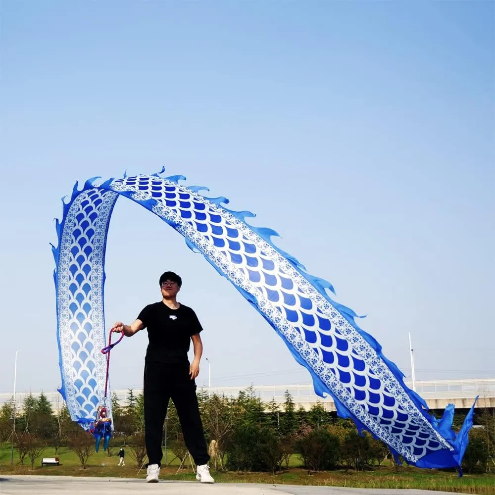 Dragon Dance Wulong Flowy Ribbon Streamer Outdoor Fitness Dragon Stage Prop Set (Celadon Blue) 8 Meters (26.2 FT) Square Exercise Dance Dragon Poi with 3D horde rush surge pathology infectious Dragon Head and Swing Rope Combo, Chinese 