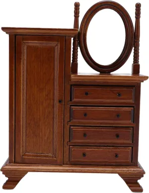 Dressing Table with Mirror & 4 Drawers, Miniature Dollhouse Furniture, Brown, Classic Elegant Realistic Style Dollhouse Vanity Table, 1:12 slope Scale Wooden Makeup 