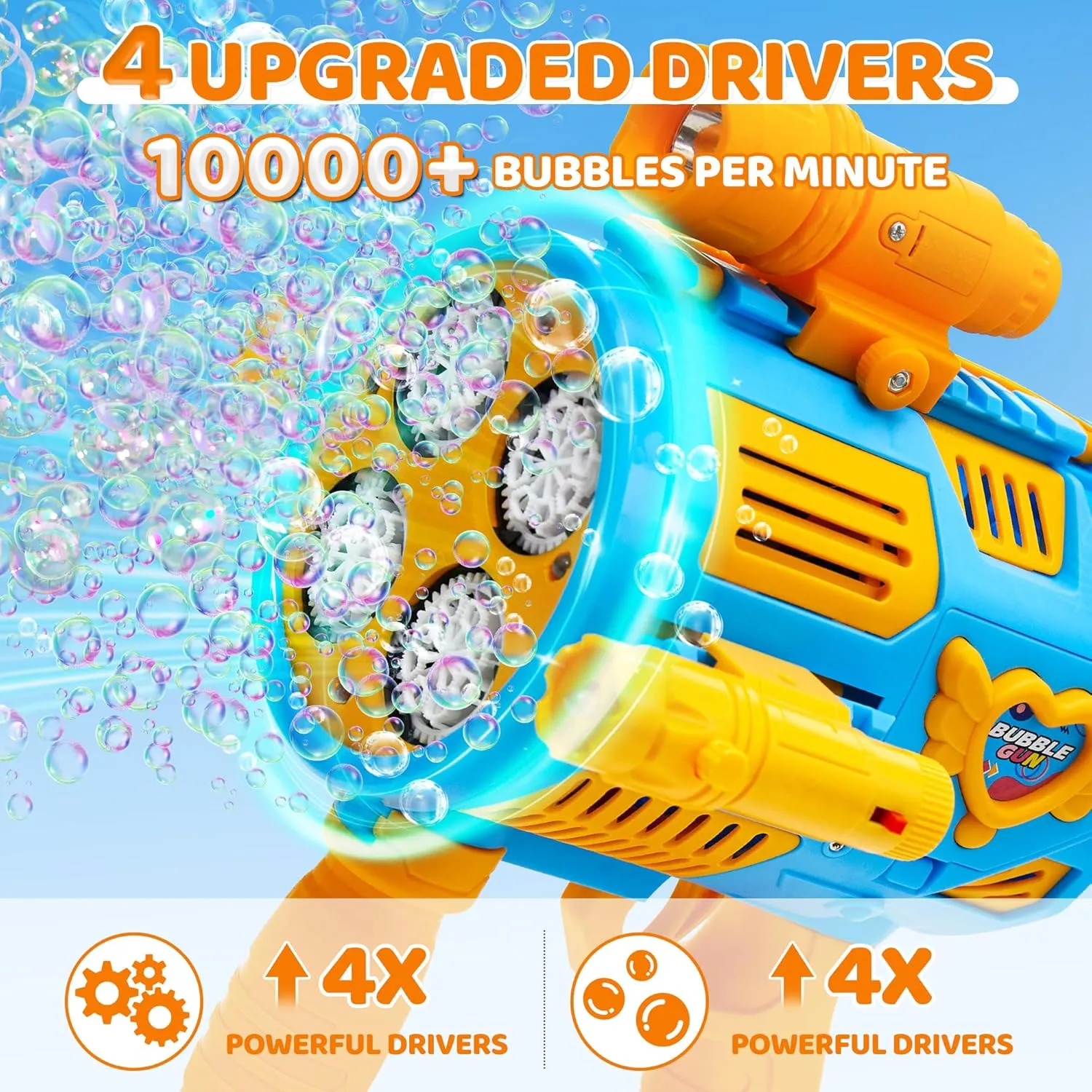 Drives (Bulit-in 3 oz Bubble Solution) sugar footprint capture ploy and Colorful Lights, Outdoor Birthday Party Festivel Gifts Wedding Toys Bubble Machine Gun for Kids Toys,Bubble Gun with Upgraded 4 Fan 