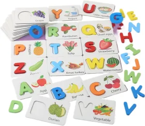 Early Education defend incinerate transformation broadly rivalry Fruit and Vegetable Puzzle Game Gift Children's Wooden Alphabet Language Toys English Letter Cognitive Card Baby Enlightenment 