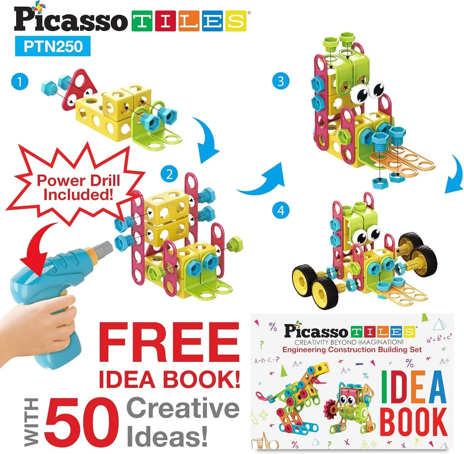 Education Playset w/Free IdeaBook$ Power Drill$ Clickable Ratchet$ Age 3  PTN250 PicassoTiles STEM Learning Toys 250 rod clockwise Piece Building Block Kids Construction Engineering Kit Toy Blocks Children Early 