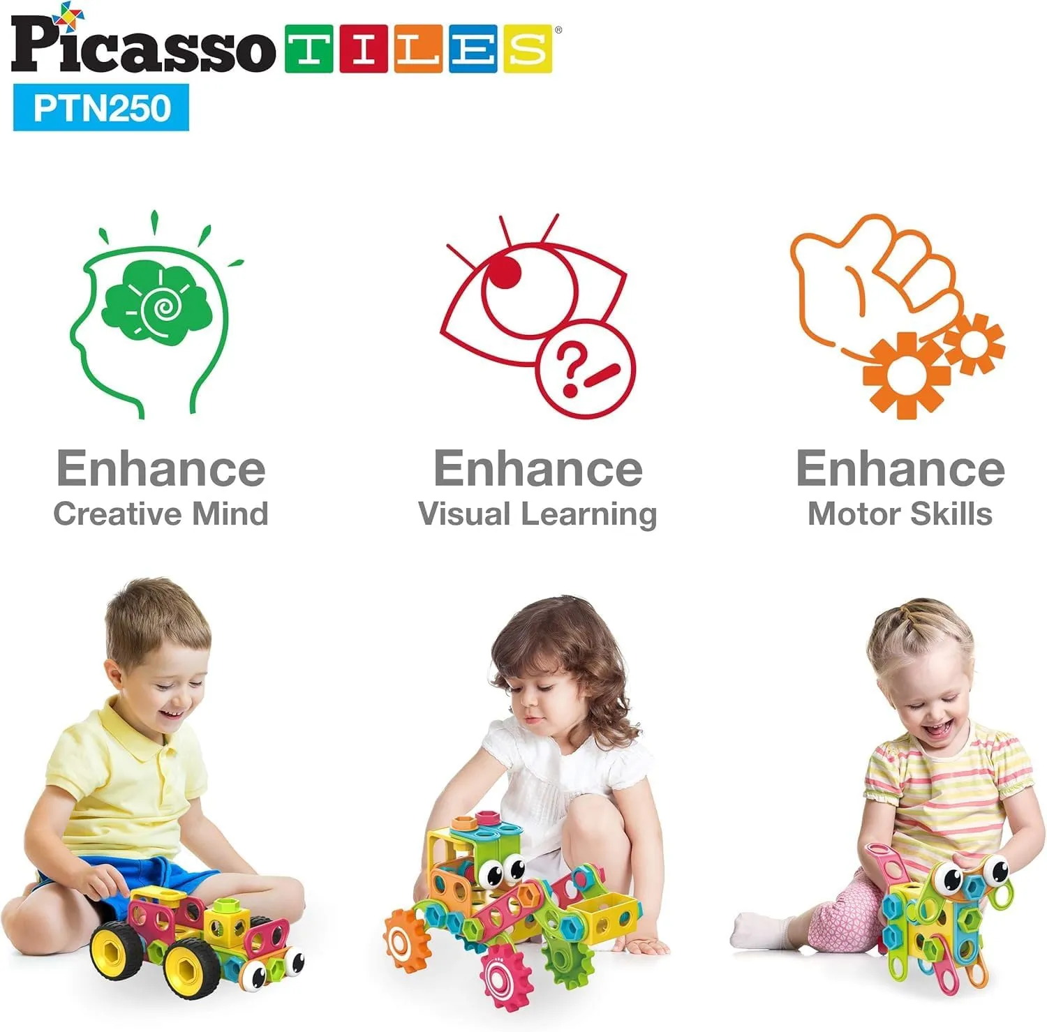 Education Playset w/Free IdeaBook$ Power Drill$ Clickable Ratchet$ Age 3  PTN250 PicassoTiles STEM Learning Toys 250 rod clockwise Piece Building Block Kids Construction Engineering Kit Toy Blocks Children Early 