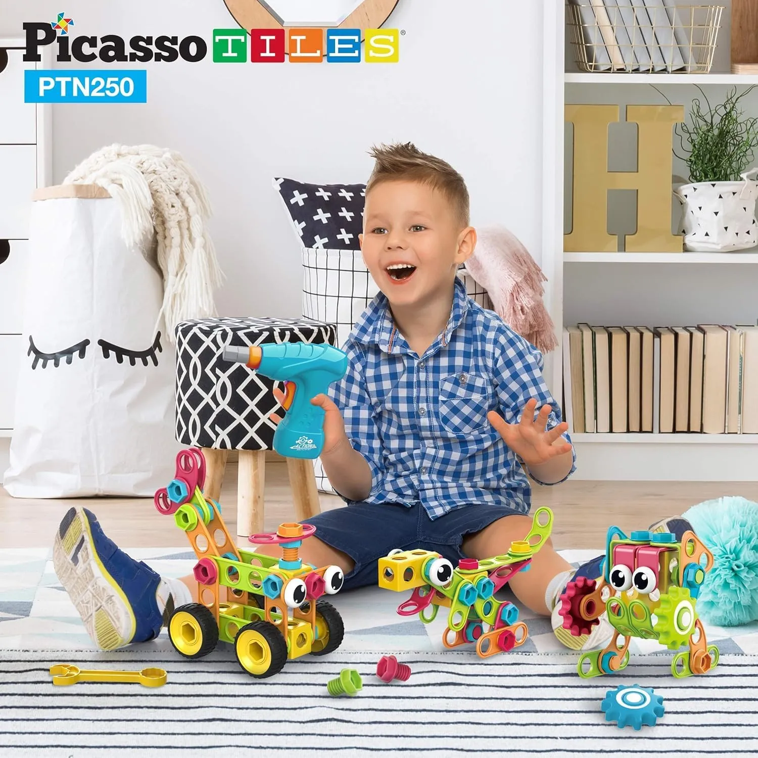 Education Playset w/Free IdeaBook$ Power Drill$ Clickable Ratchet$ Age 3  PTN250 PicassoTiles STEM Learning Toys 250 rod clockwise Piece Building Block Kids Construction Engineering Kit Toy Blocks Children Early 