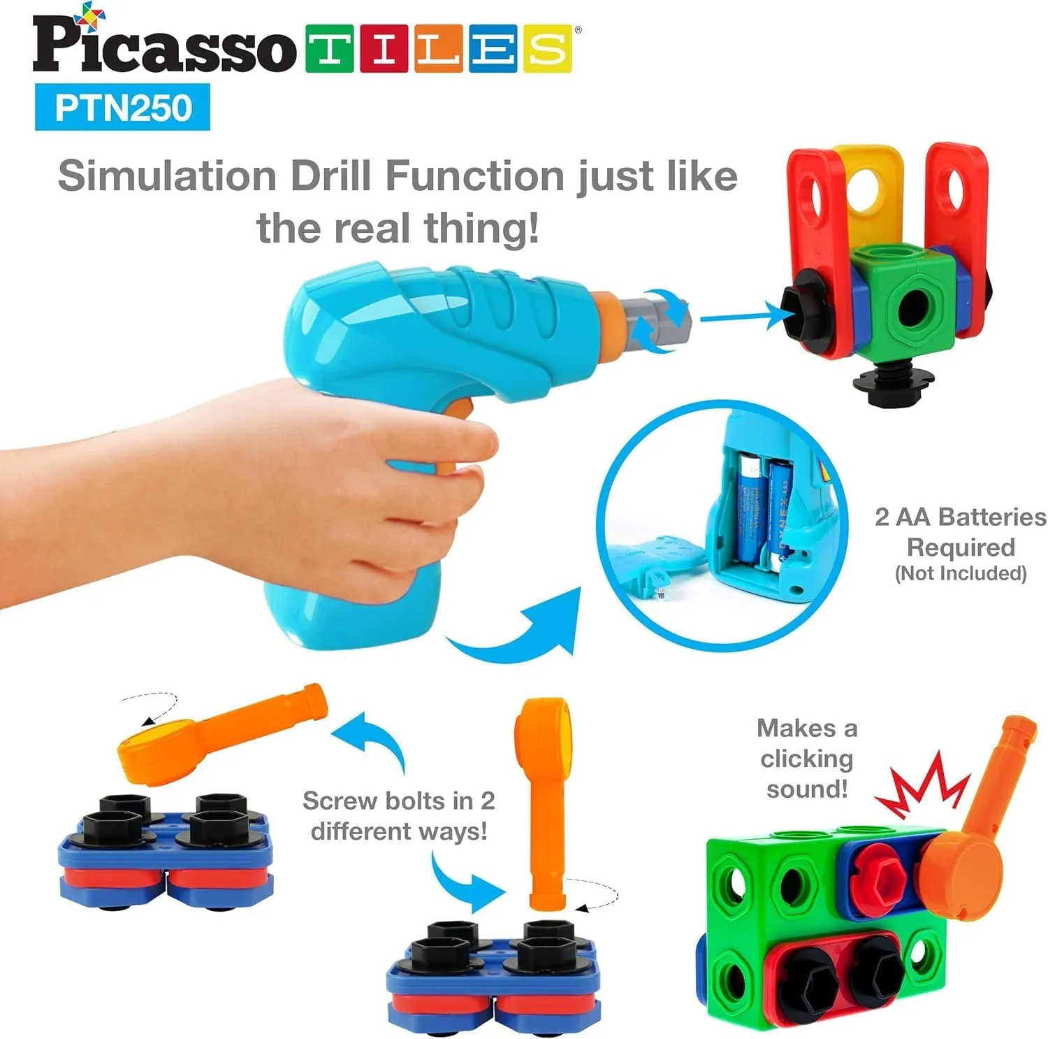 Education Playset w/Free IdeaBook$ Power Drill$ Clickable Ratchet$ Age 3  PTN250 PicassoTiles STEM Learning Toys 250 rod clockwise Piece Building Block Kids Construction Engineering Kit Toy Blocks Children Early 