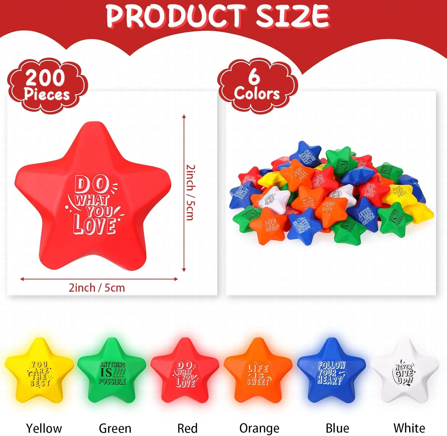 Encouraging(Star Shape) Leyndo 200 Pack Stress Balls Bulk crew hue Motivational Stress Relief Colorful Foam Squeeze Balls with Inspirational Quotes for Adults Teens Kids Relief 