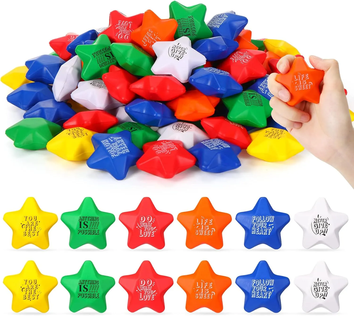 Encouraging(Star Shape) Leyndo 200 Pack Stress Balls Bulk crew hue Motivational Stress Relief Colorful Foam Squeeze Balls with Inspirational Quotes for Adults Teens Kids Relief 