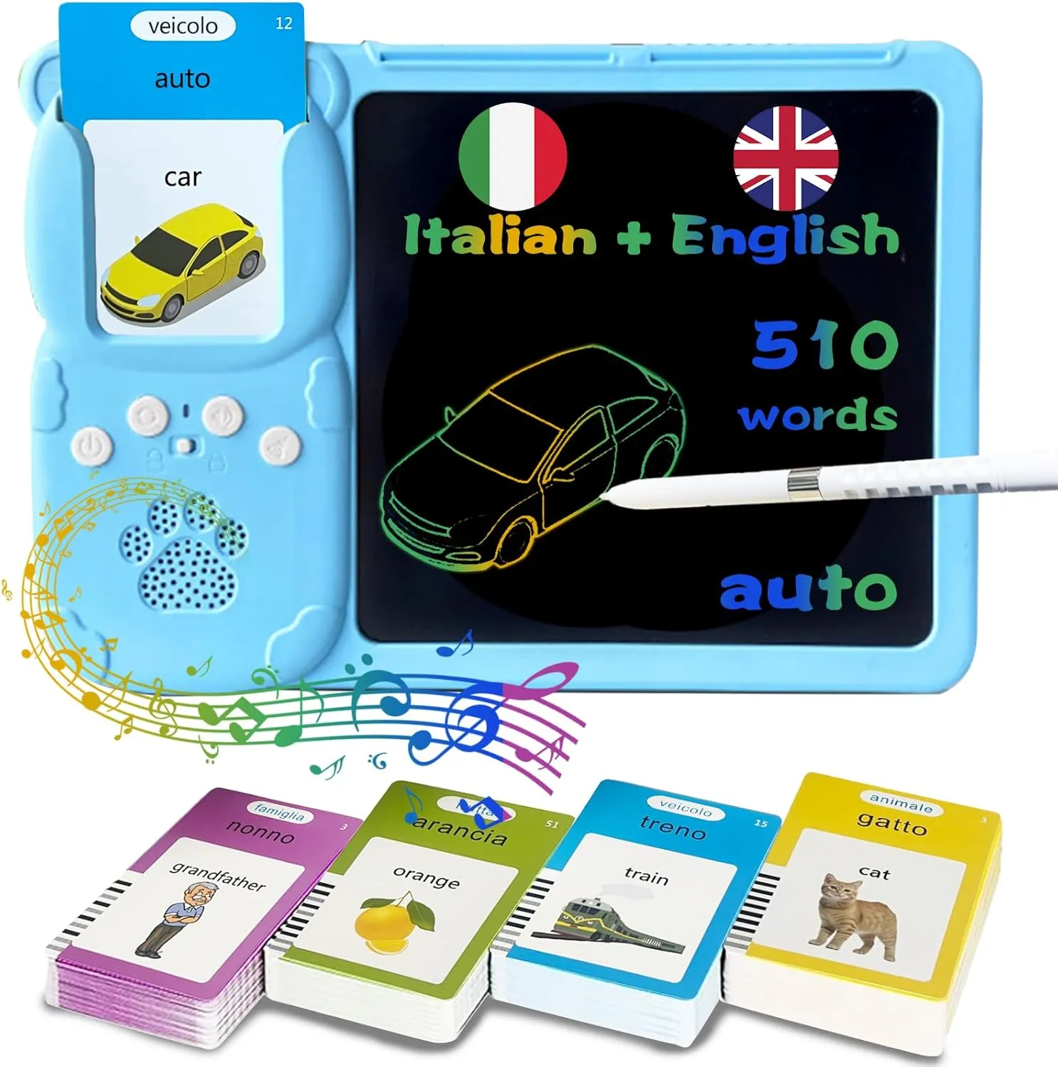 English Flash Cards for Kids 3-12, squeak Bilingual Italiano Sensory Toys for Autistic Children, 510 Sight Words, Pocket Speech (Blue) Drawing Writing Tablet for Toddlers - Talking Italian 
