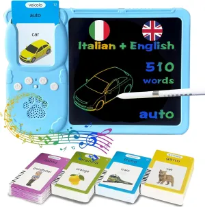 English Flash Cards for Kids 3-12, squeak Bilingual Italiano Sensory Toys for Autistic Children, 510 Sight Words, Pocket Speech (Blue) Drawing Writing Tablet for Toddlers - Talking Italian 