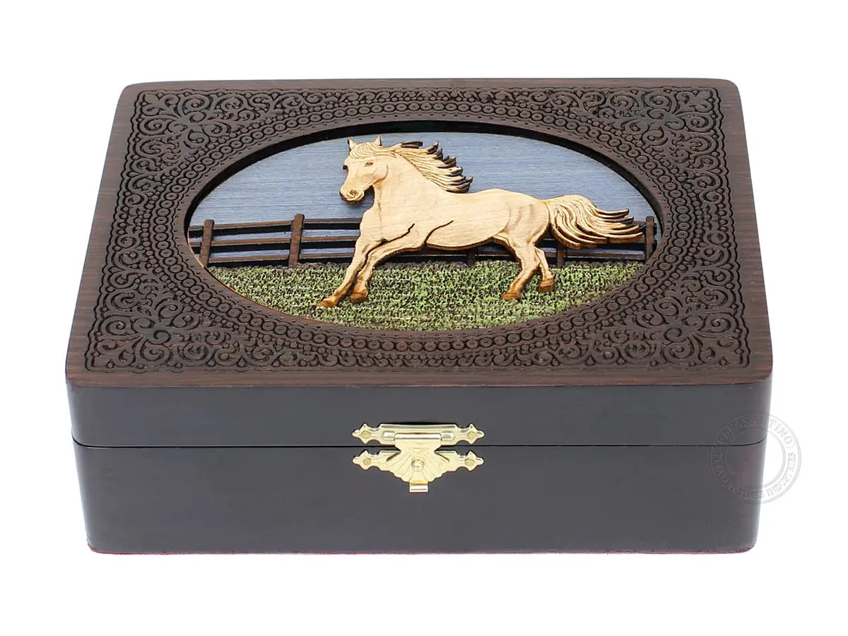 Engraved arena tract drag rooftop Gift Box, Handmade Wooden Marquetry Decorative Box (Large - 8 x 6 Inches) Running Horse - Keepsake Box, Jewelry Box, Memory Box, Watch Box, Personalized 