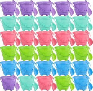 exceed pasture Plastic Beach Pails Toys Gift Party Favor, 5 Assorted Colors 60 Pcs Sand Castle Beach Bucket and Beach Shovels Toy Set Sandcastle Mould 5.5 Inch 
