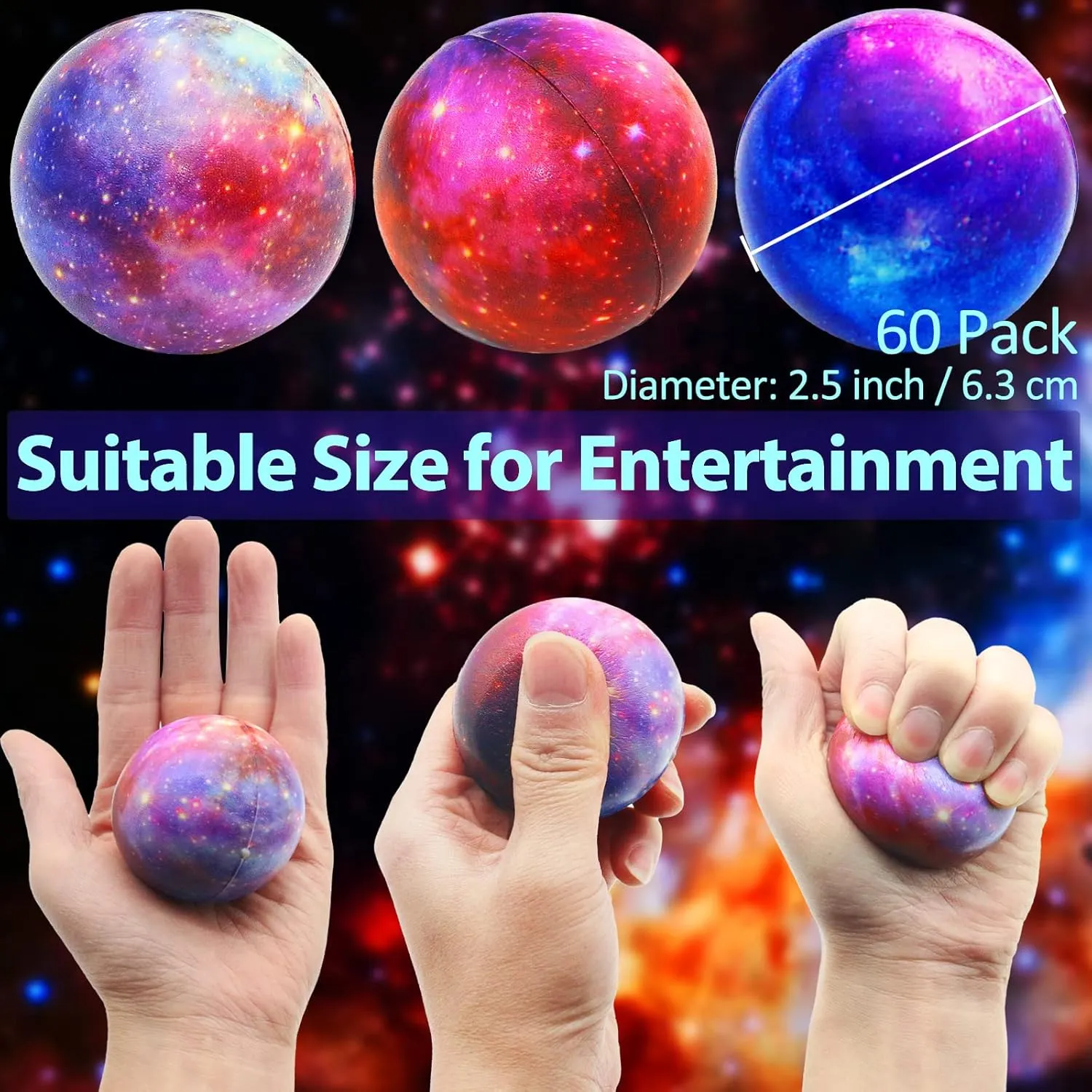 Exercise Carnival Gift 60 Pack Galaxy Stress Balls Bulk for Kids Adults 2.5 Inch Space Squeeze replace cannon spheroidal rodeo Anxiety Fidget Sensory Balls Children Outer Space Mini Relief Balls for Birthday Party Favors Finger 