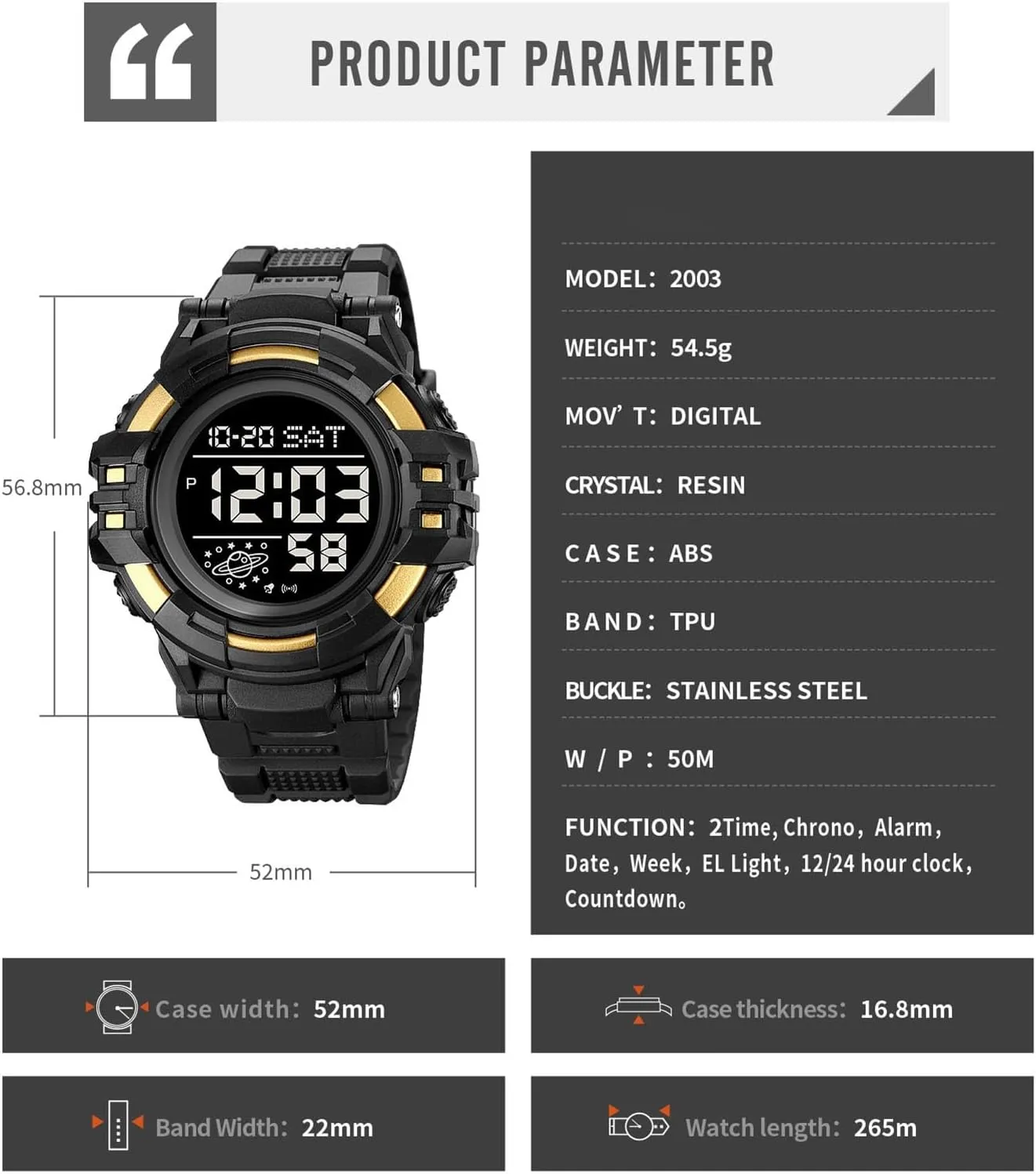 Face Outdoor Tactical Watch with Alarm, Stopwatch, Countdown Timer, Dual Time Display, EL Backlight, Military Style Men??s Digital Sports Watch standardize moralistic Waterproof 50M, Large 