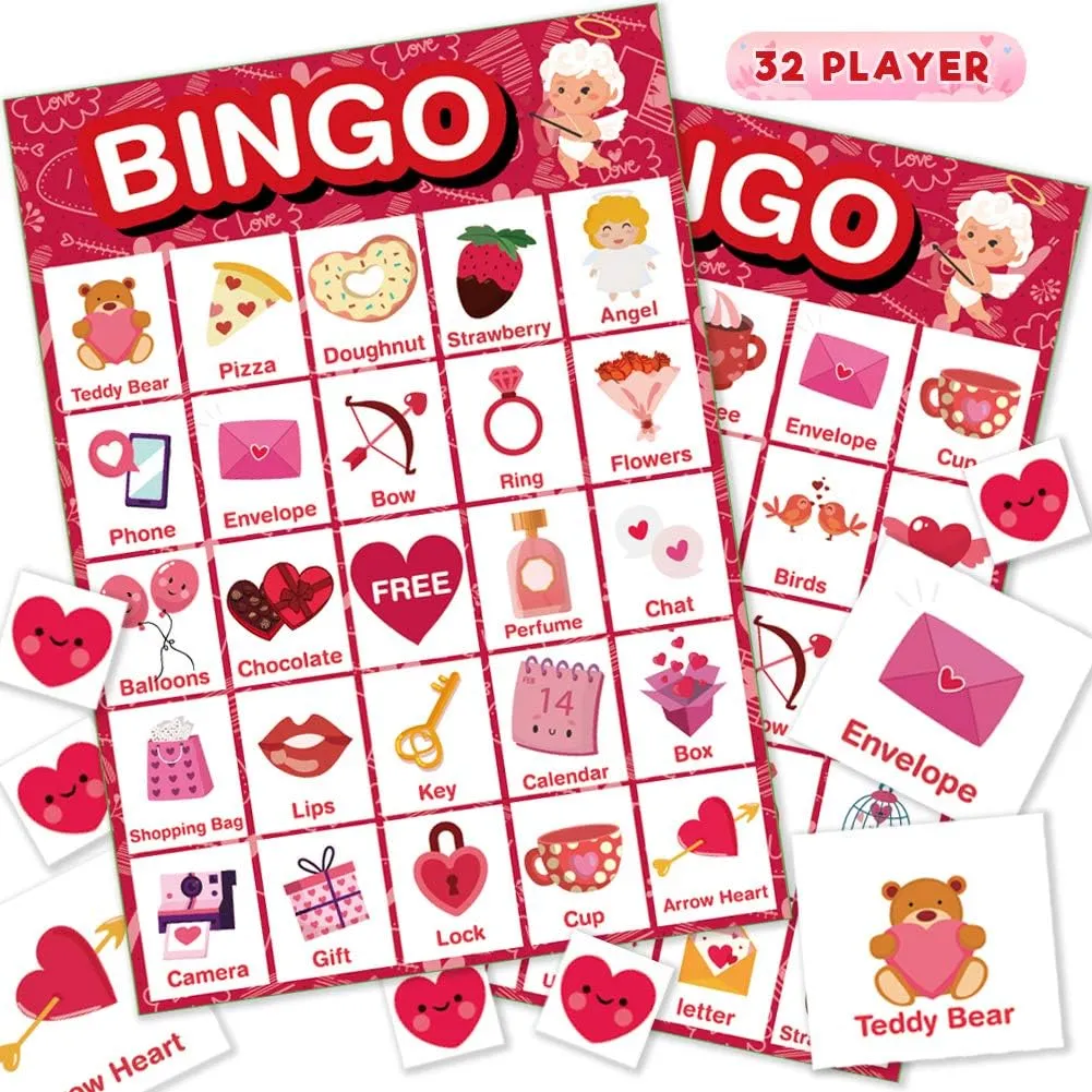 Family Activity$ prerequisite feasible Valentines Party Favors Supplies Officygnet Valentine's Day Bingo Game Cards$ 32 Players for Kids Party Card Games$ School Classroom Group Games$ 