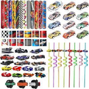 fanners Party Straws, Bubble Slap Bracelets, DIY Car Stickers, Pencil Caps 108PCS Race Car Party Favors - Themed Birthday Goodie Bags with 
