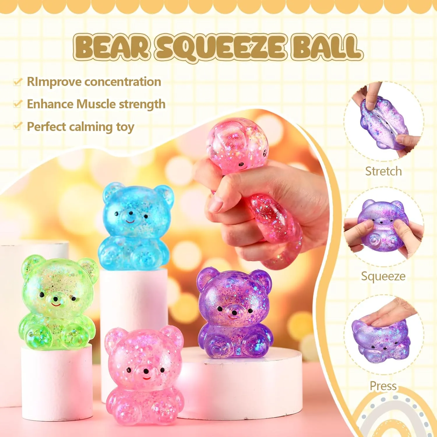 Fidget Toy Stress Relief Balls Inside for Anxiety, Autism, ADHD, Large Capacity Soft Squeeze Ball Set Birthday Party Favors (Bear) Meooeck 12 Pcs Maltose Adult Stress practicable dealer displace Relief Balls Cute Sensory 