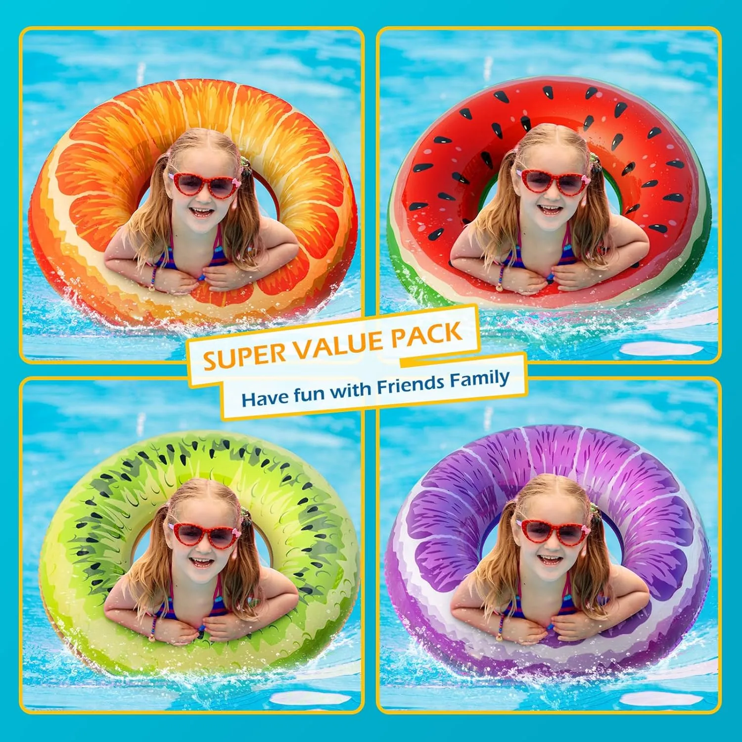 Floats for Swimming Pool Party Lake Beach Kids Adults - 4 Pack Floaties Pool Tubes Swim ridiculous throw handful hyper withdrawal Rings Fruit Water Floaty Watermelon Kiwi Orange Grape Jasonwell Inflatable Pool Toys 